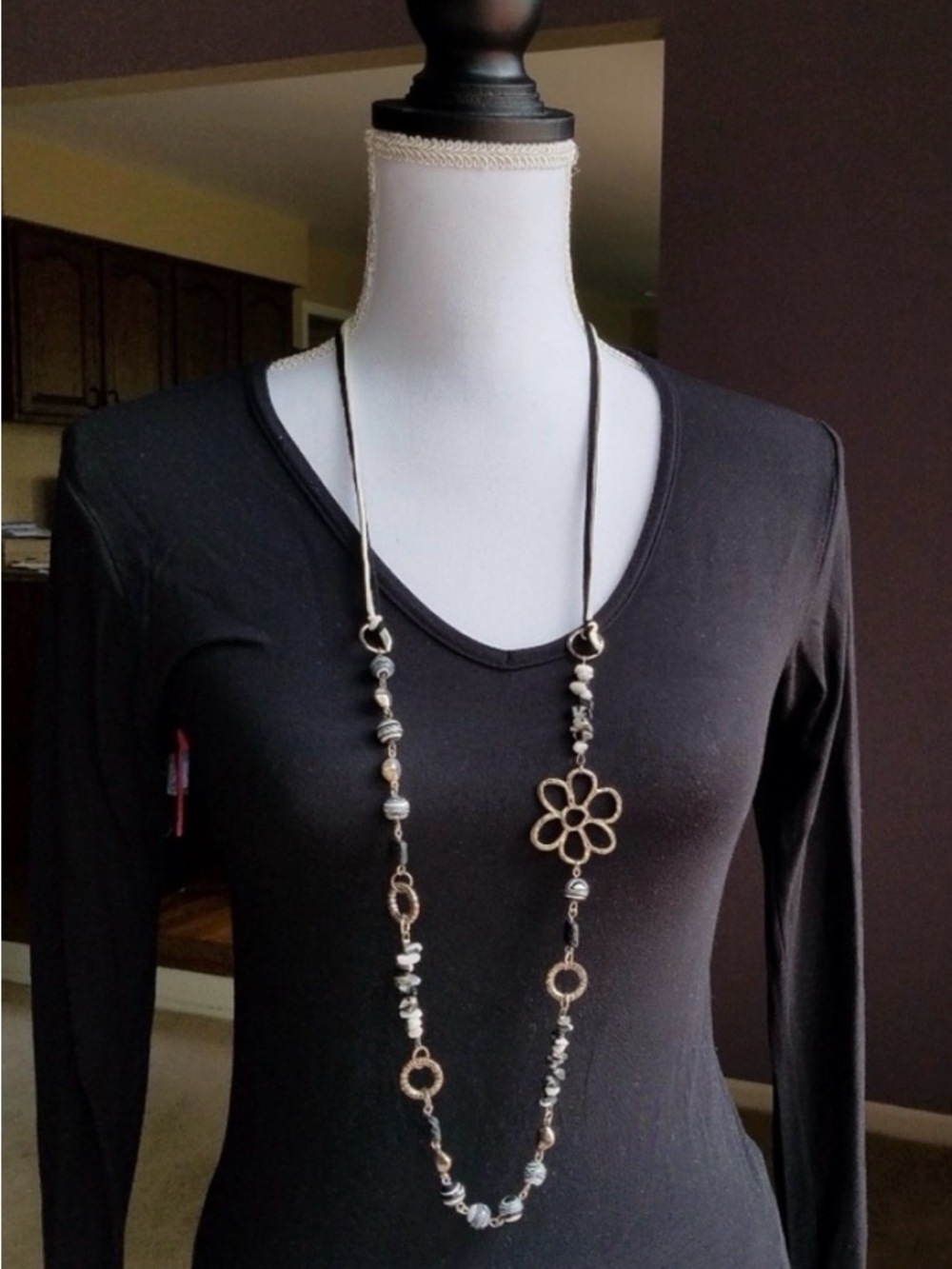 Genuine Zebra Jasper Gemstone & Lava Beads Black & White Suede Long Necklace NWT